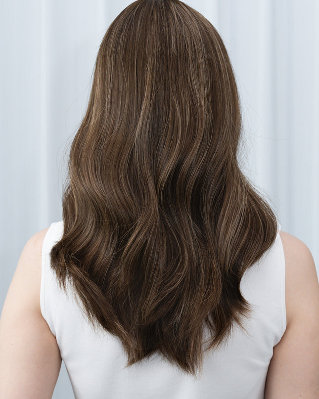 Amelia 18” | 100% Hand-tied Human Hair Wig-Light Brunette with Subtle Golden Highlights