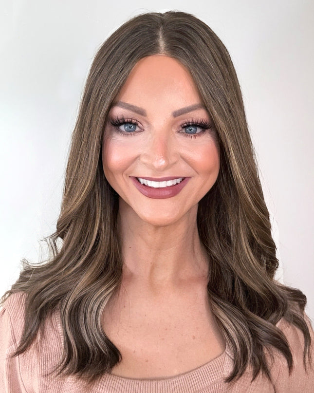 Amelia 18” | 100% Hand-tied Human Hair Wig-Light Brunette with Subtle Golden Highlights
