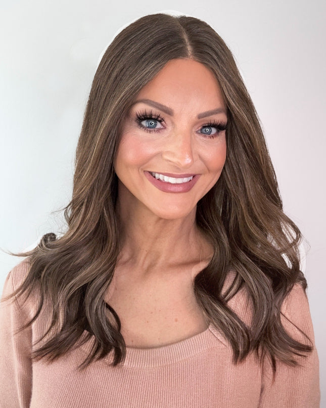 Amelia 18” | 100% Hand-tied Human Hair Wig-Light Brunette with Subtle Golden Highlights