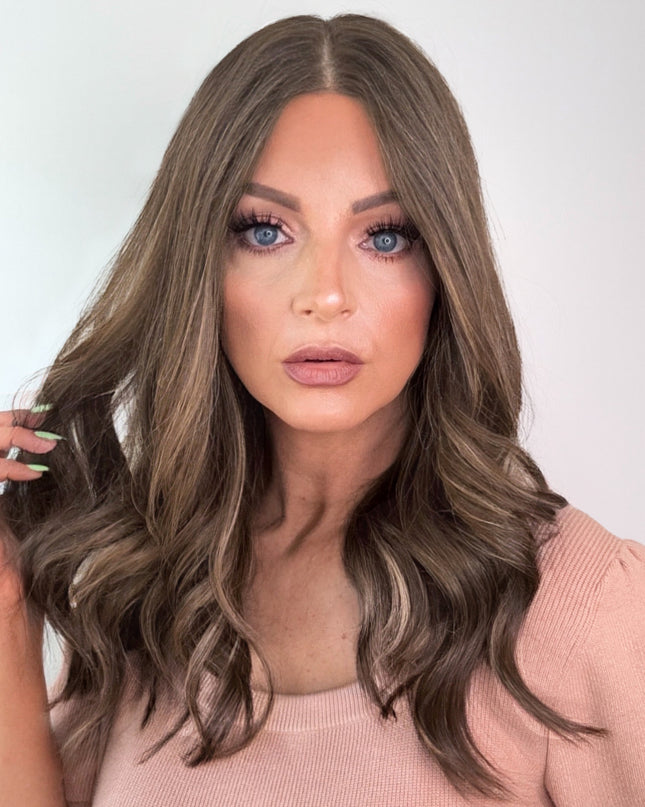Amelia 18” | 100% Hand-tied Human Hair Wig-Light Brunette with Subtle Golden Highlights