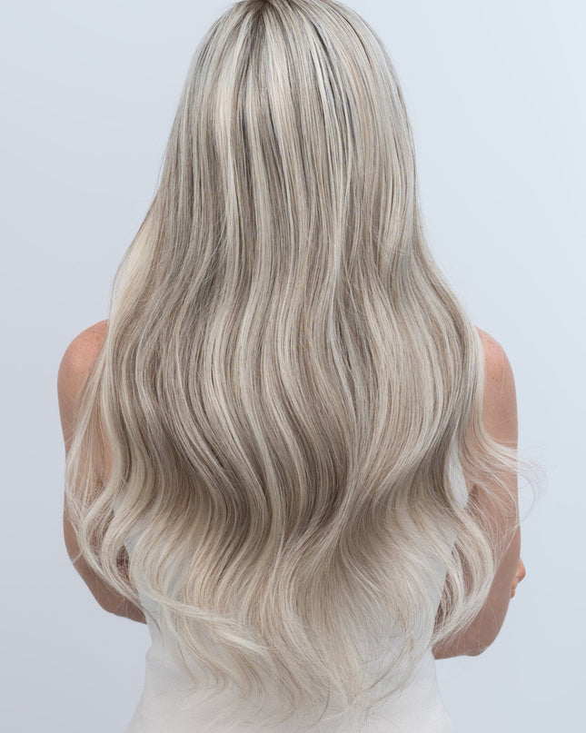 Astrid 22” | 100% Hand - tied Human Hair Wig - Icy Platinum with Silver Highlights - Raregen Hair