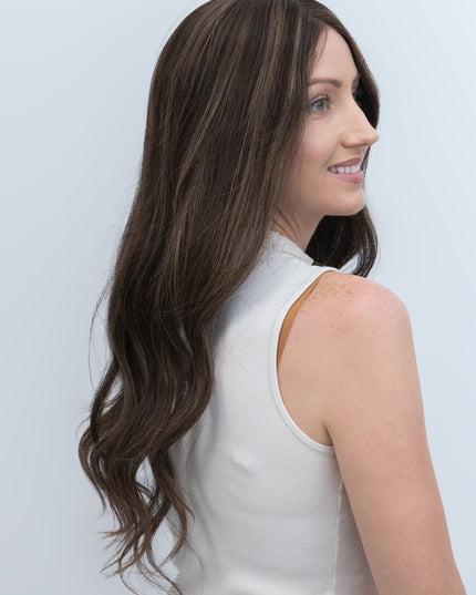 Dale 22” | 100% Hand - tied Human Hair Wig - Deep Brown with Caramel Highlights - Raregen Hair