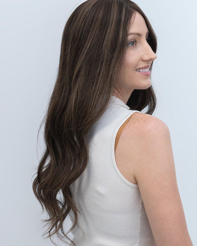 Dale 22” | 100% Hand - tied Human Hair Wig - Deep Brown with Caramel Highlights - Raregen Hair