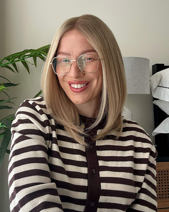 Dora 14” | 100% Hand-tied Human Hair Wig -Ultra-light Blonde with Subtle Ash Root