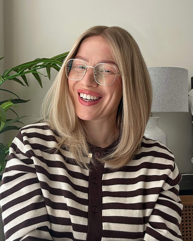 Dora 14” | 100% Hand-tied Human Hair Wig -Ultra-light Blonde with Subtle Ash Root