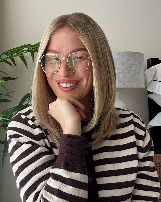Dora 14” | 100% Hand-tied Human Hair Wig -Ultra-light Blonde with Subtle Ash Root
