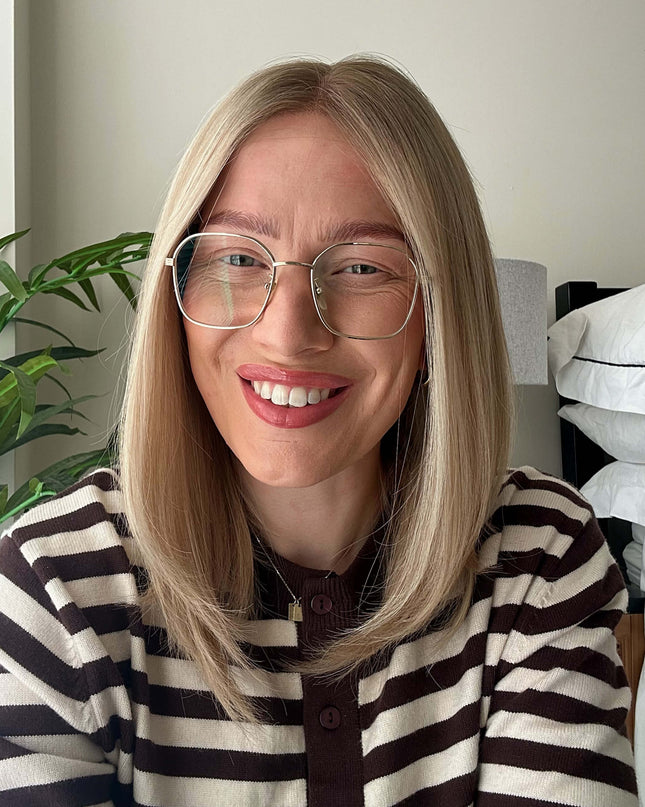 Dora 14” | 100% Hand-tied Human Hair Wig -Ultra-light Blonde with Subtle Ash Root