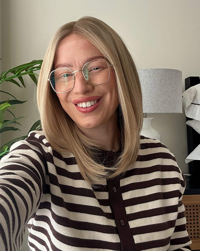 Dora 14” | 100% Hand-tied Human Hair Wig -Ultra-light Blonde with Subtle Ash Root