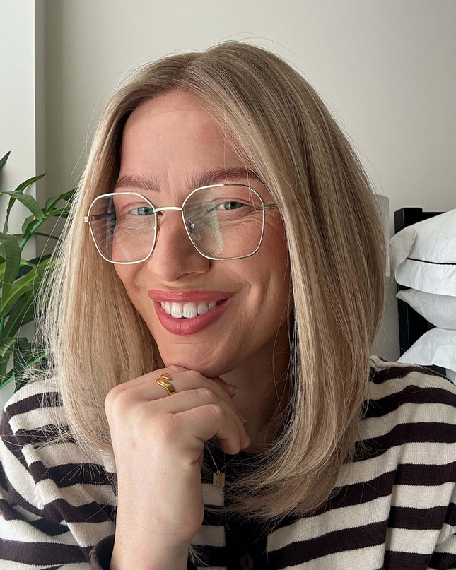 Dora 14” | 100% Hand-tied Human Hair Wig -Ultra-light Blonde with Subtle Ash Root