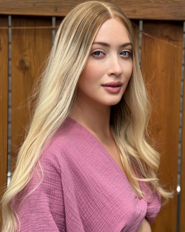 Eve 22” | Lace Top Remy Human Hair Wig- Rooted Warm Blonde Ombré | Bleached Knots