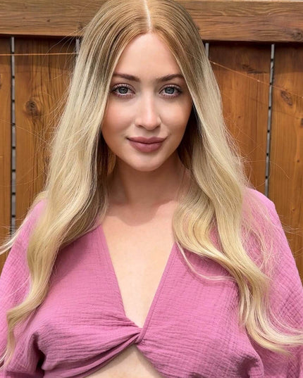 Eve 22” | Lace Top Remy Human Hair Wig- Rooted Warm Blonde Ombré | Bleached Knots