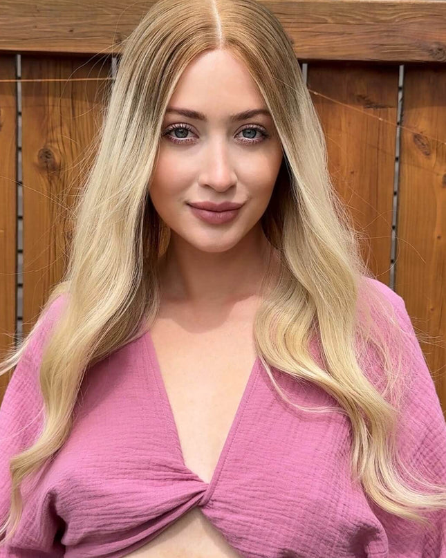 Eve 22” | Lace Top Remy Human Hair Wig- Rooted Warm Blonde Ombré | Bleached Knots