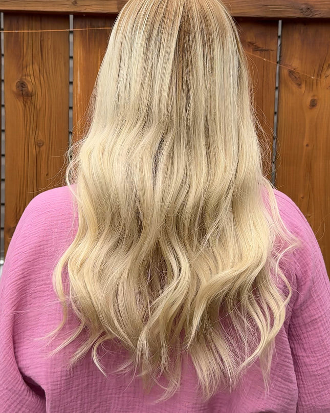 Eve 22” | Lace Top Remy Human Hair Wig- Rooted Warm Blonde Ombré | Bleached Knots