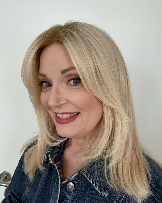 Sandy - 14" | Lace Front Remy Human Hair Wig - Platinum Ash Blonde with Dark Root - Raregen Hair