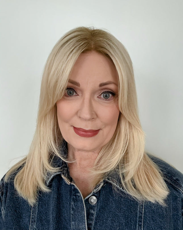 Sandy - 14" | Lace Front Remy Human Hair Wig - Platinum Ash Blonde with Dark Root - Raregen Hair