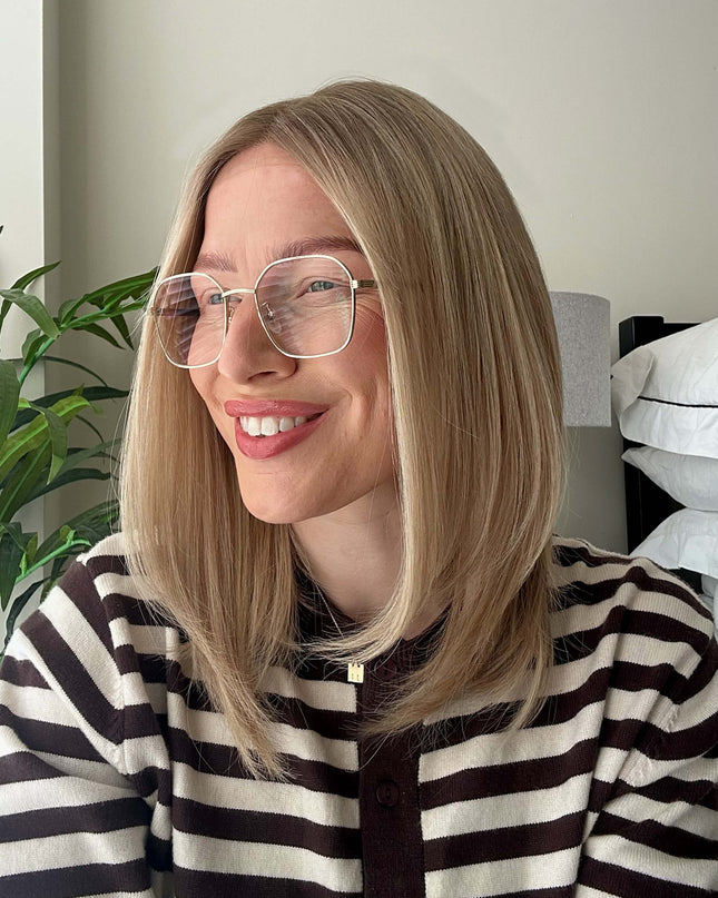 Dora 14” | 100% Hand-tied Human Hair Wig -Ultra-light Blonde with Subtle Ash Root