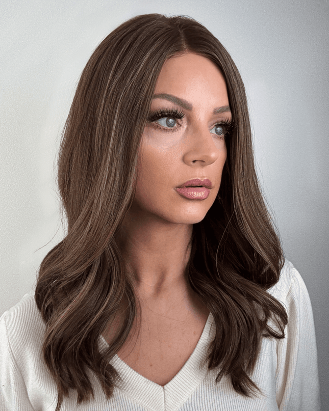 Amelia 18” | Silk-Inserted Lace Top Wig-Light Brunette with Subtle Golden Highlights