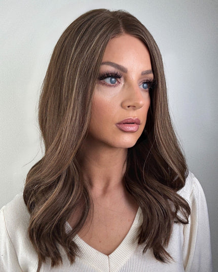 Amelia 18” | Silk-Inserted Lace Top Wig-Light Brunette with Subtle Golden Highlights