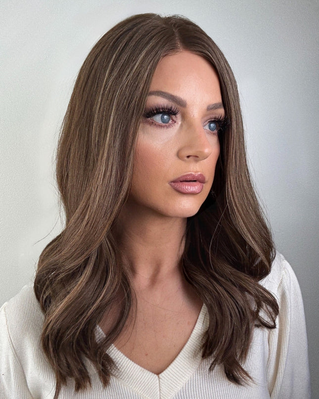 Amelia 18” | Silk-Inserted Lace Top Wig-Light Brunette with Subtle Golden Highlights