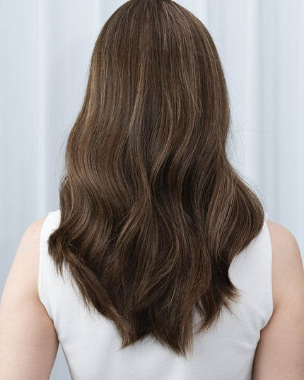Amelia 18” | 100% Hand-tied Human Hair Wig-Light Brunette with Subtle Golden Highlights