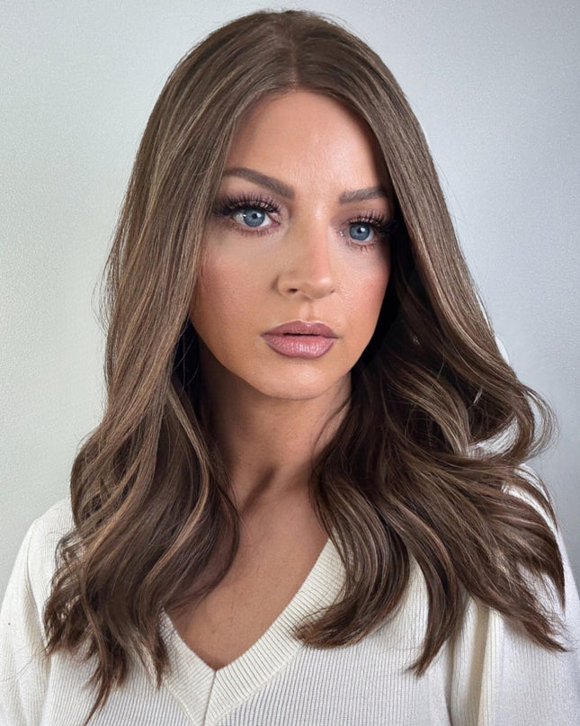 Amelia 18” | Silk-Inserted Lace Top Wig-Light Brunette with Subtle Golden Highlights
