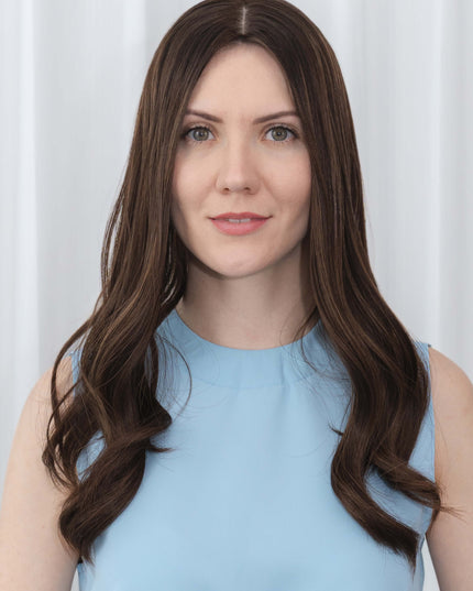 Grace | Human Hair Topper Silk Base in 7”x7'' Size-Rich Brown Blended With Subtle Golden Highlights
