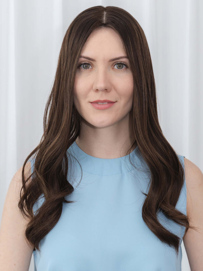 Grace | Human Hair Topper Silk Base in 7”x7'' Size-Rich Brown Blended With Subtle Golden Highlights