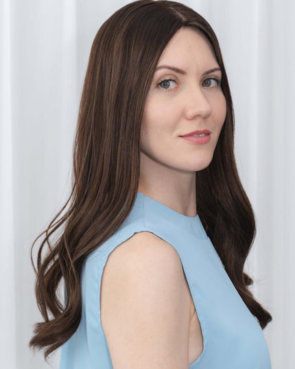 Grace | Human Hair Topper Silk Base in 7”x7'' Size-Rich Brown Blended With Subtle Golden Highlights