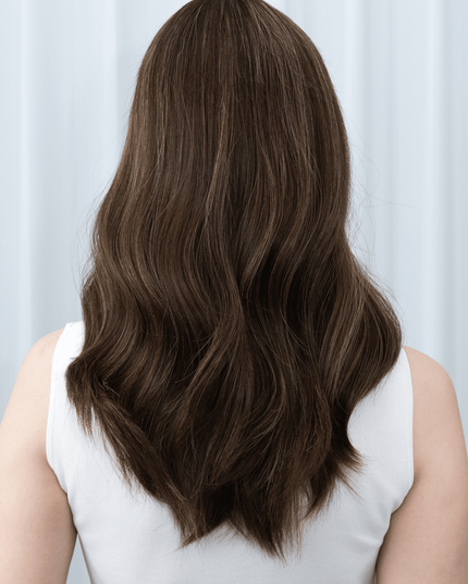 Amelia 18” | 100% Hand-tied Human Hair Wig-Light Brunette with Subtle Golden Highlights