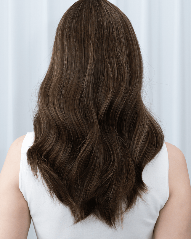 Amelia 18” | 100% Hand-tied Human Hair Wig-Light Brunette with Subtle Golden Highlights