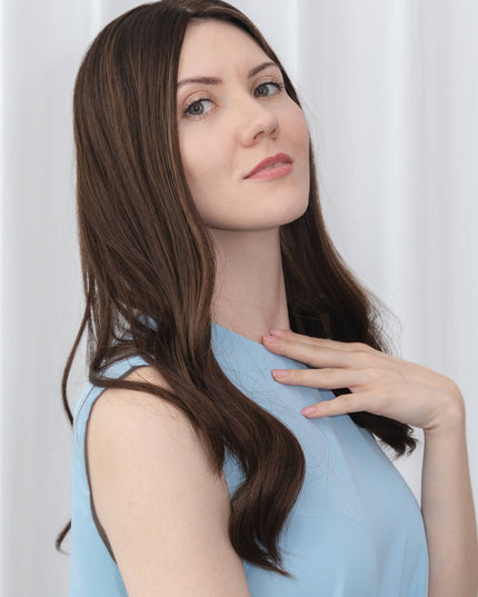 Grace | Human Hair Topper Silk Base in 7”x7'' Size-Rich Brown Blended With Subtle Golden Highlights