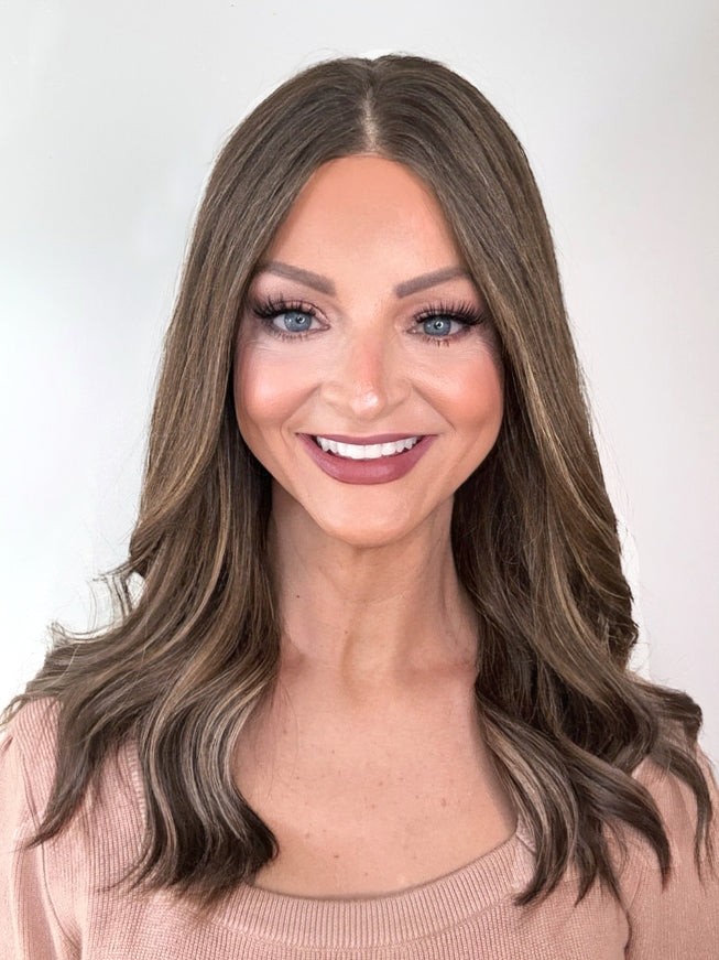 Amelia 18” | 100% Hand-tied Human Hair Wig-Light Brunette with Subtle Golden Highlights