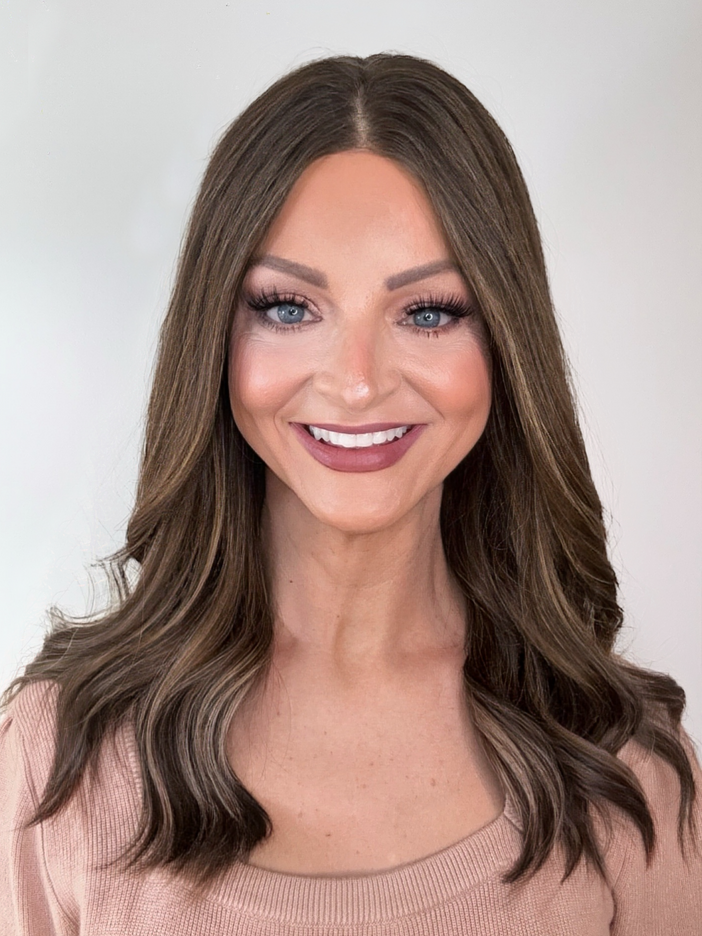 Amelia 18” | 100% Hand-tied Human Hair Wig-Light Brunette with Subtle Golden Highlights
