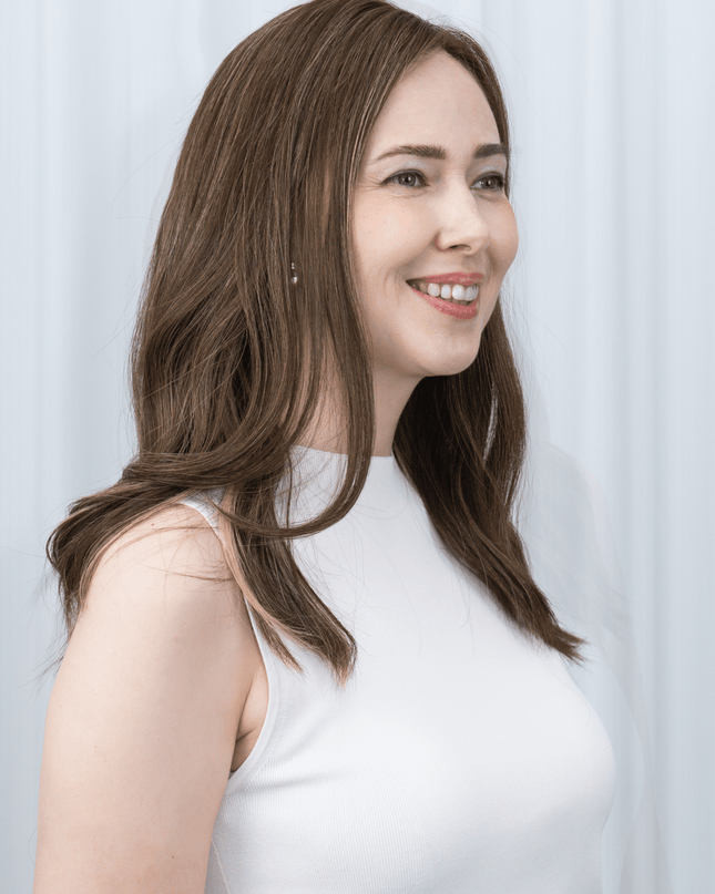Amelia 18” | 100% Hand-tied Human Hair Wig-Light Brunette with Subtle Golden Highlights