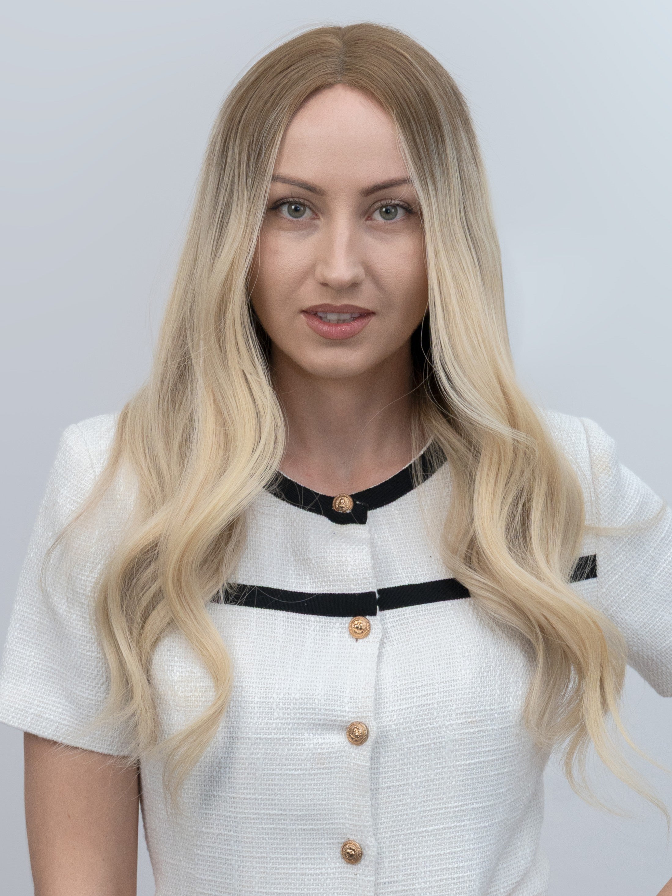 Eve 22” | Lace Front Remy Human Hair Wig- Rooted Warm Blonde Ombré