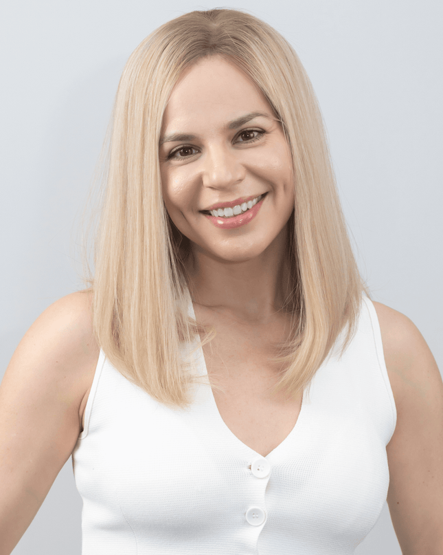 Dora 14” | Silk-Inserted Lace Top Wig-Ultra-light Blonde with Subtle Ash Root