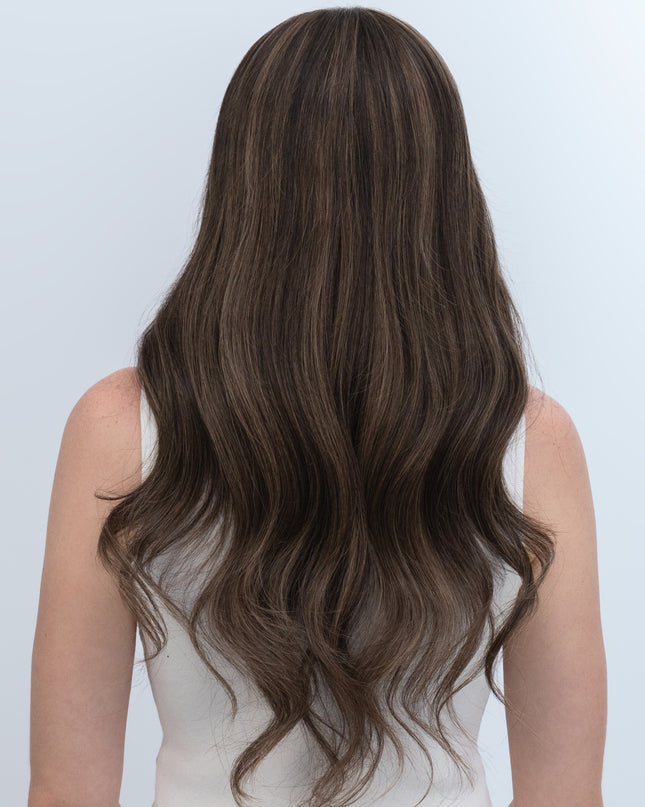 Dale 22” | 100% Hand-tied Human Hair Wig-Deep Brown with Caramel Highlights
