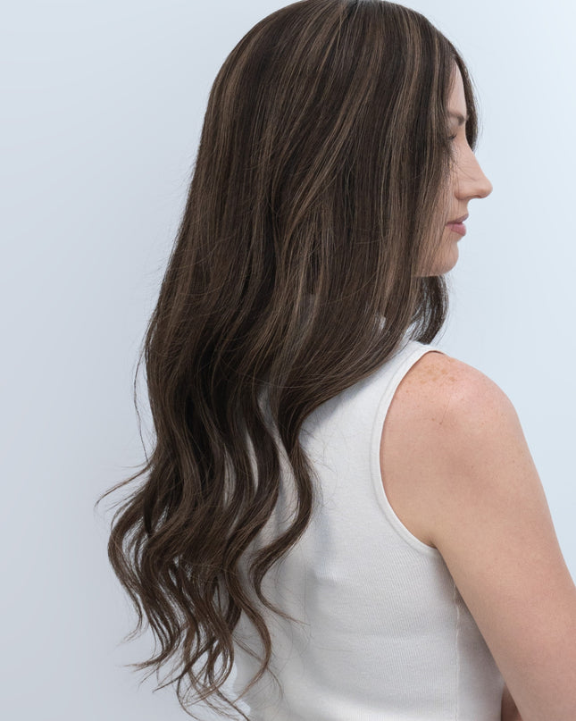 Dale 22” | 100% Hand-tied Human Hair Wig-Deep Brown with Caramel Highlights