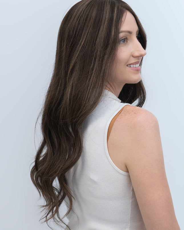 Dale 22” | 100% Hand-tied Human Hair Wig-Deep Brown with Caramel Highlights