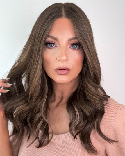 Amelia 18” | 100% Hand-tied Human Hair Wig-Light Brunette with Subtle Golden Highlights