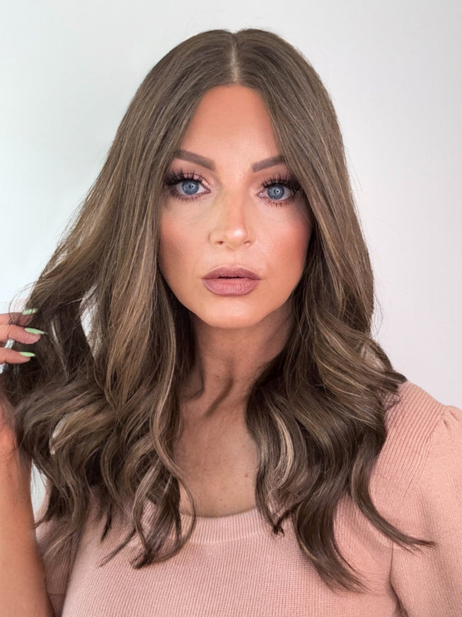 Raregen Amelia 18” | 100% Hand-tied Human Hair Wig-Light Brunette with Subtle Golden Highlights