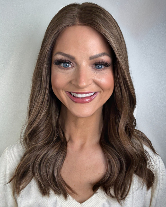 Amelia 18” | Silk-Inserted Lace Top Wig-Light Brunette with Subtle Golden Highlights