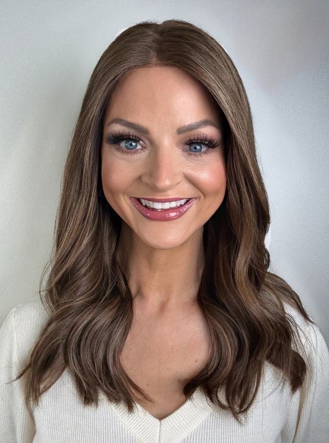 Amelia 18” | Silk-Inserted Lace Top Wig-Light Brunette with Subtle Golden Highlights