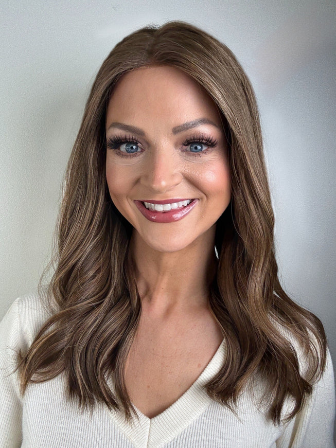 Raregen Amelia 18” | Silk-Inserted Lace Top Wig-Light Brunette with Subtle Golden Highlights