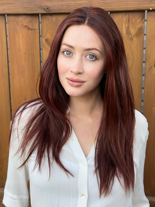 Anette | Remy Human Hair Wig-Brown Hair with Burgundy Red Highlights