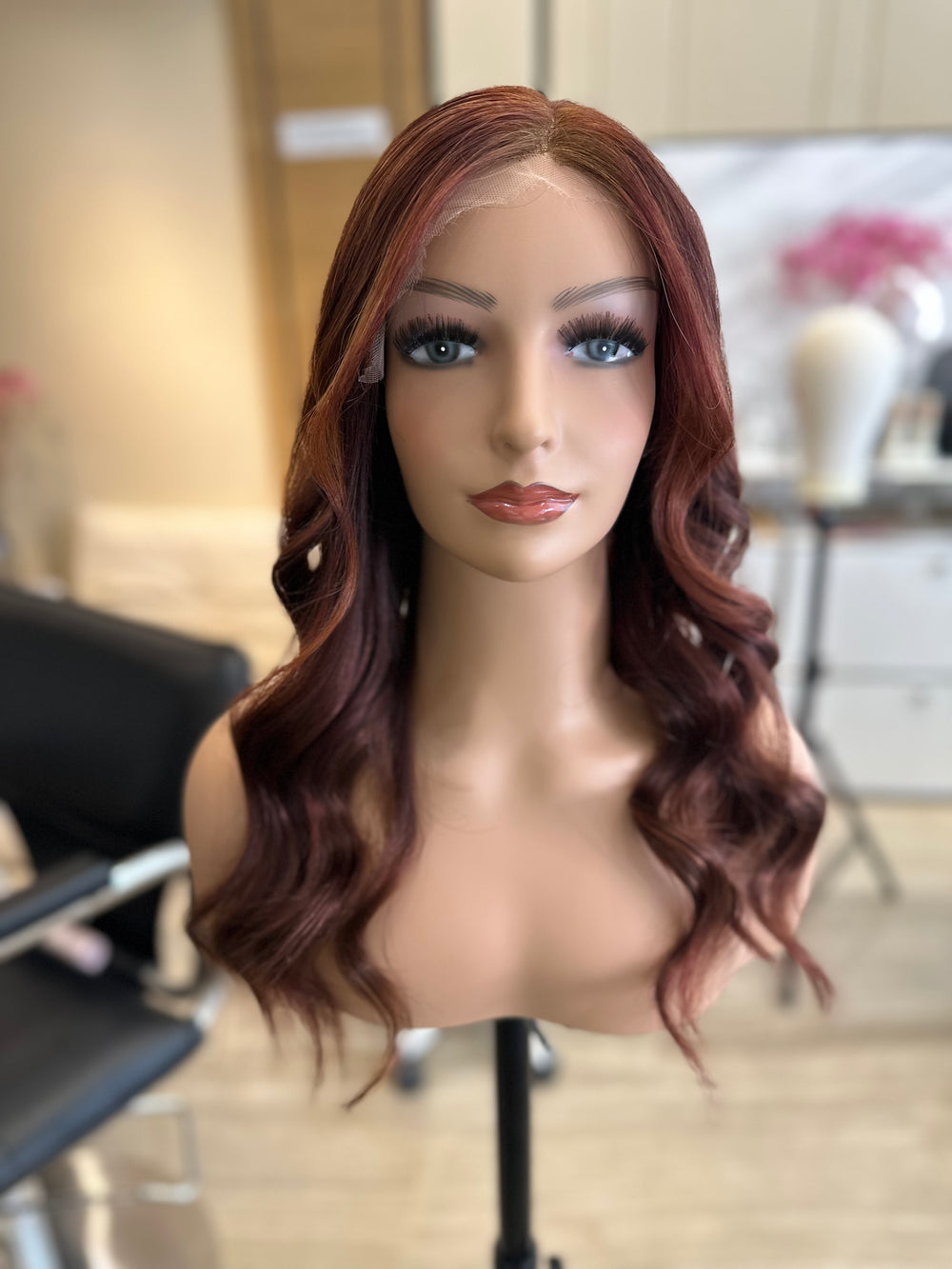 Anette | Remy Human Hair Wig-Brown Hair with Burgundy Red Highlights