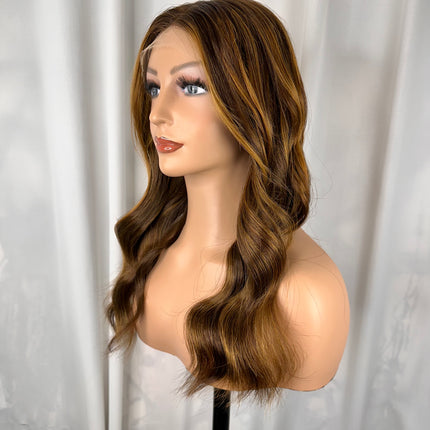 Carla| Remy Human Hair Wig- Dark Chocolate Hair with Caramel Highlights