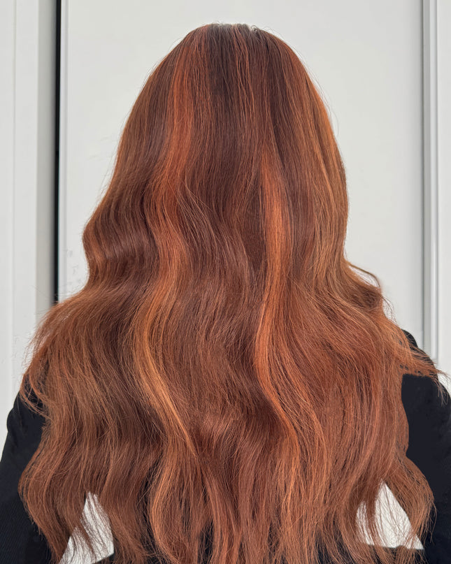 Gemma | Perruque en cheveux humains Remy avec dessus en dentelle - Mèches auburn coucher de soleil