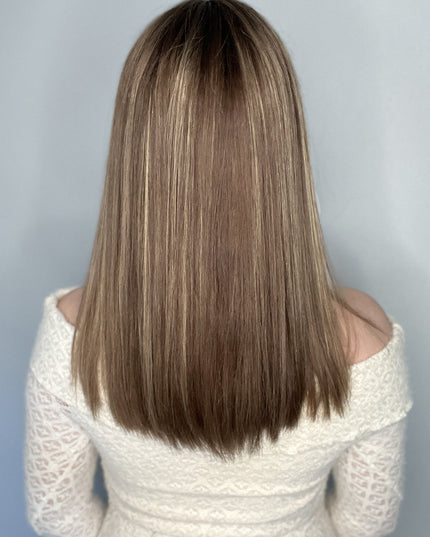 Raregen Faith-16"| Lace Top Remy Human Hair Wig- Medium Ash Brown with Golden Highlights