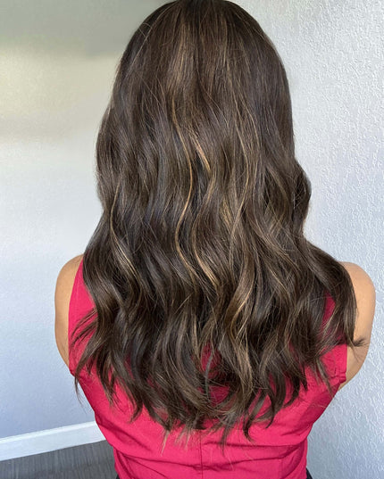 Raregen Clarice 18” | Silk-Inserted Lace Top Wig- Dark Brown with Highlights & Money piece